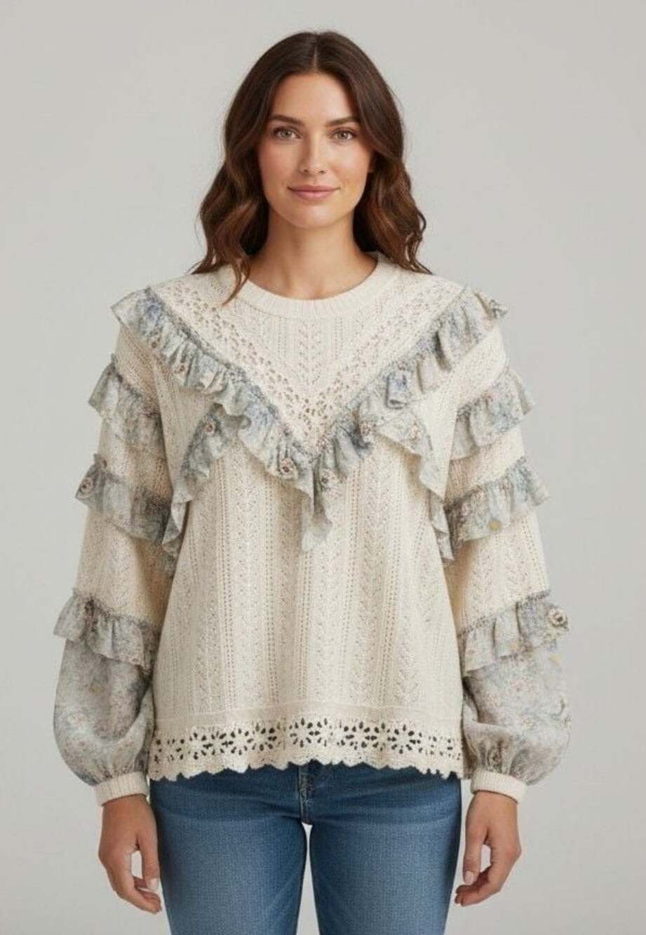 POL Textured Knit Top W/Ruffles Detailed Mixed Lace Style UKT662A Sz S Cream